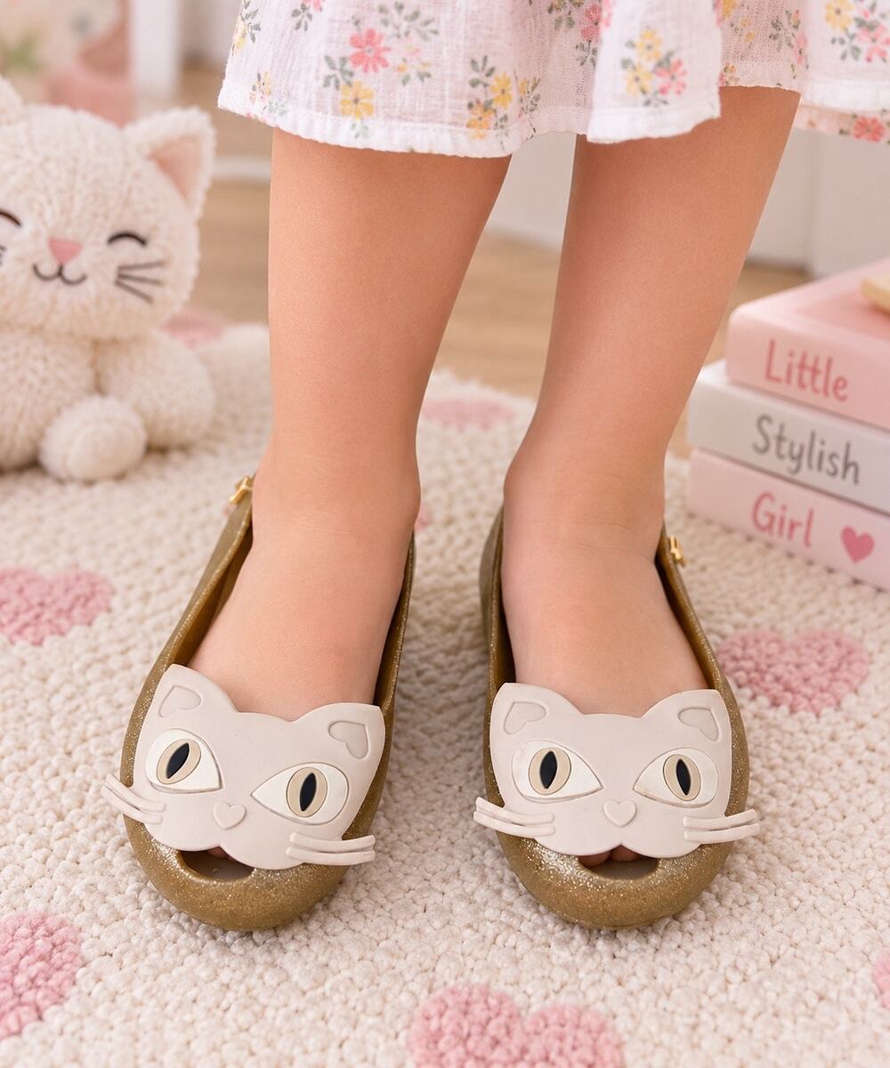 Mel by Melissa Purrfect Cat Glitter Jelly Flats Gold Girls Kids Size 11
